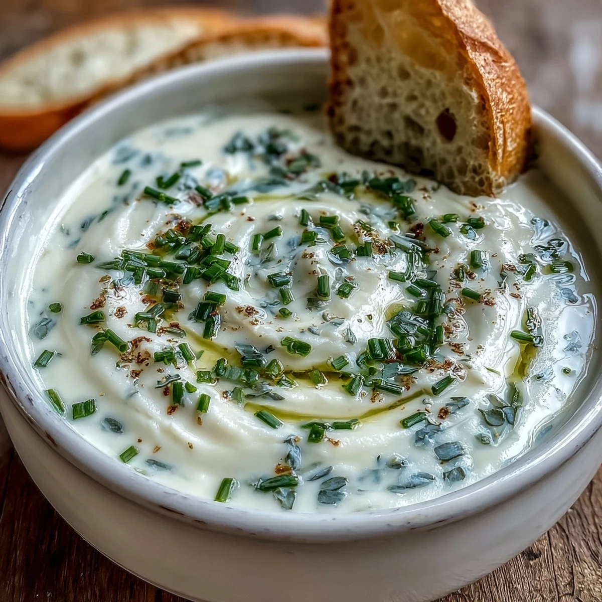 A warm bowl of Roasted Garlic and Herb Soup with Yukon Gold potatoes, surrounded by rustic bread and fresh thyme.