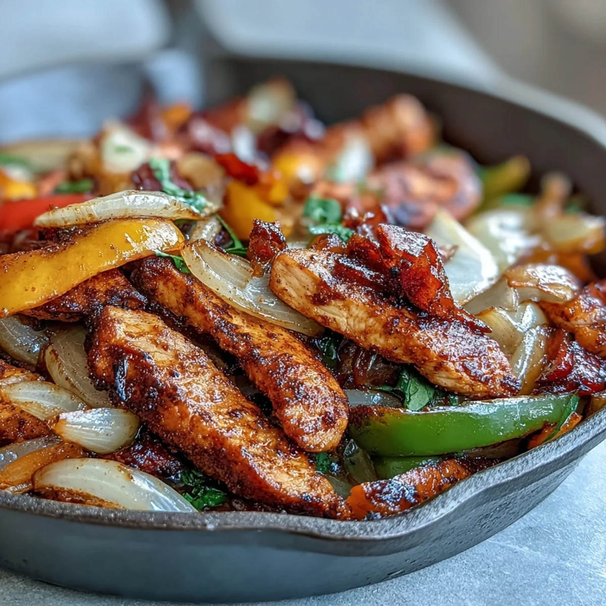 Tender slices of Easy Chicken Fajitas tucked into soft tortillas with fresh cilantro and lime.