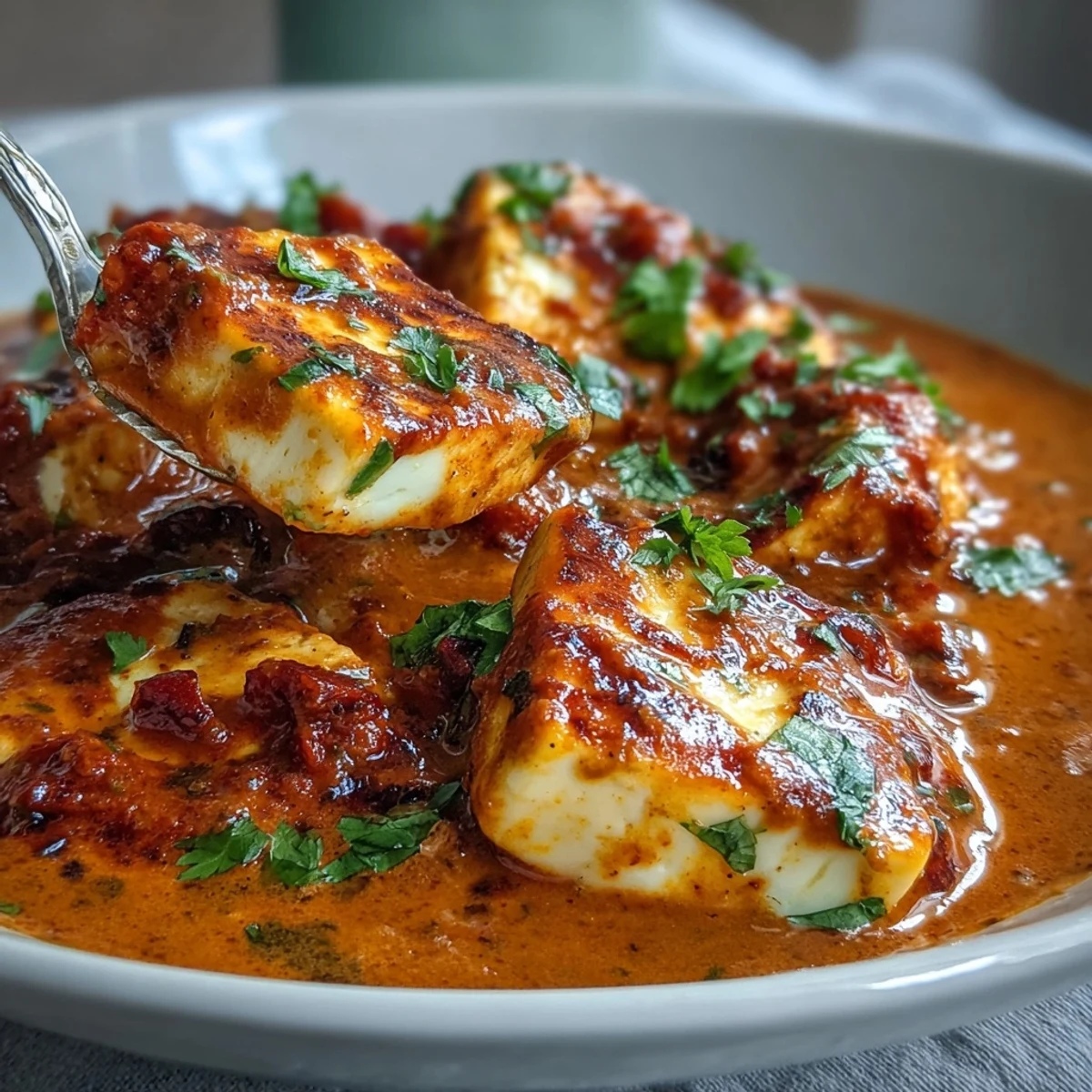 Sizzling fried halloumi cubes joining the silky tomato-coconut sauce in a pan for Creamy Halloumi and Tomato Curry.