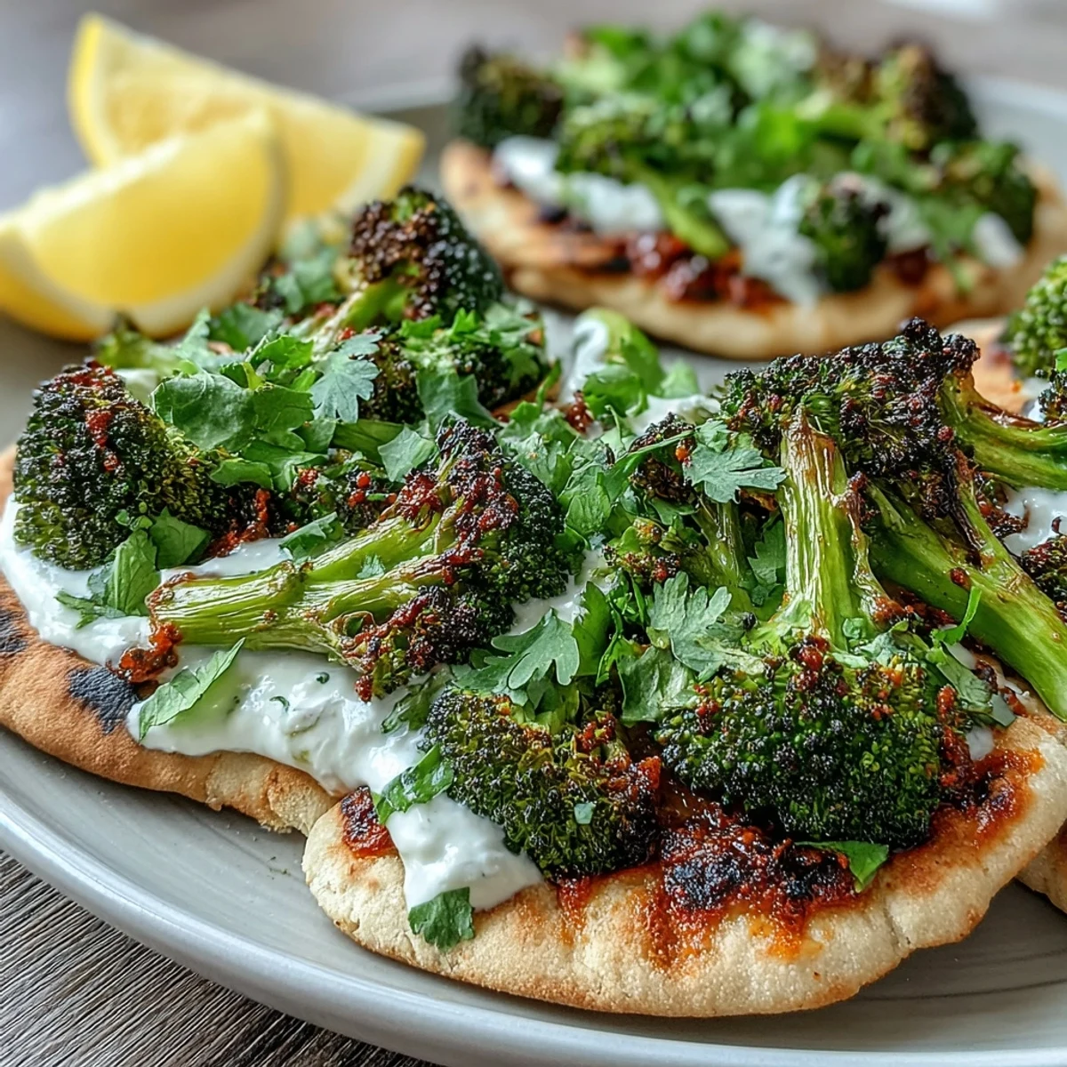 Roasted harissa broccoli with crisp edges is piled onto warm flatbreads, topped with fresh cilantro and a dollop of Greek yogurt.