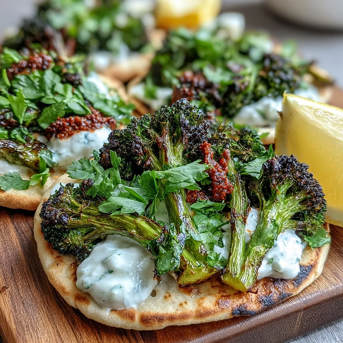 Spicy roasted harissa broccoli piled onto warm flatbreads, topped with a dollop of cool Greek yogurt and fresh cilantro.
