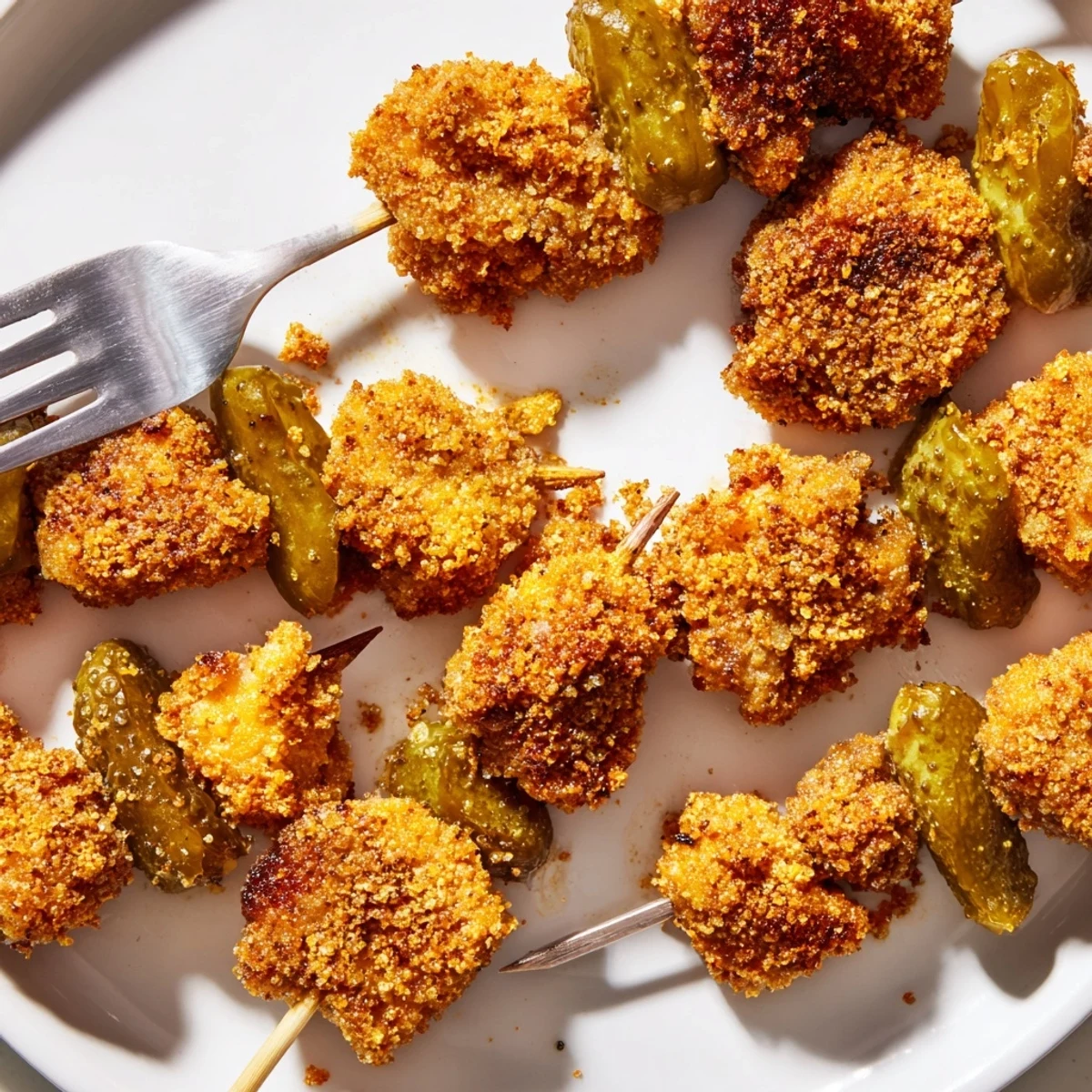 Juicy Pickle Popcorn Chicken Skewers, crispy and packed with tangy flavor, ready for dipping.  