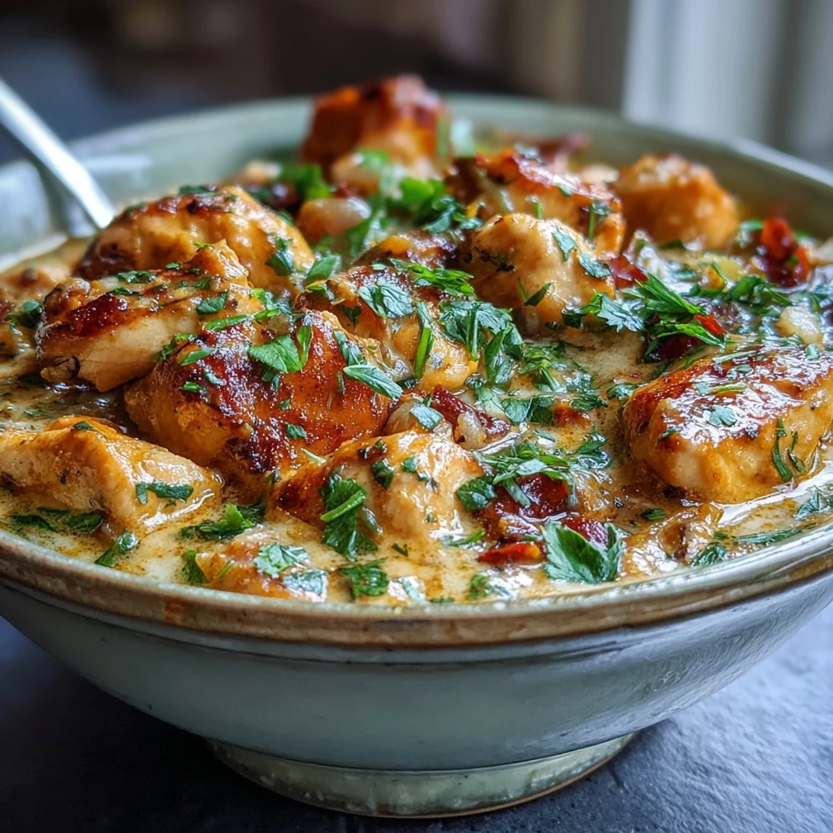 Creamy Easy Chicken Curry simmering in a skillet with aromatic spices, topped with fresh cilantro, ready to spoon over fluffy basmati rice.