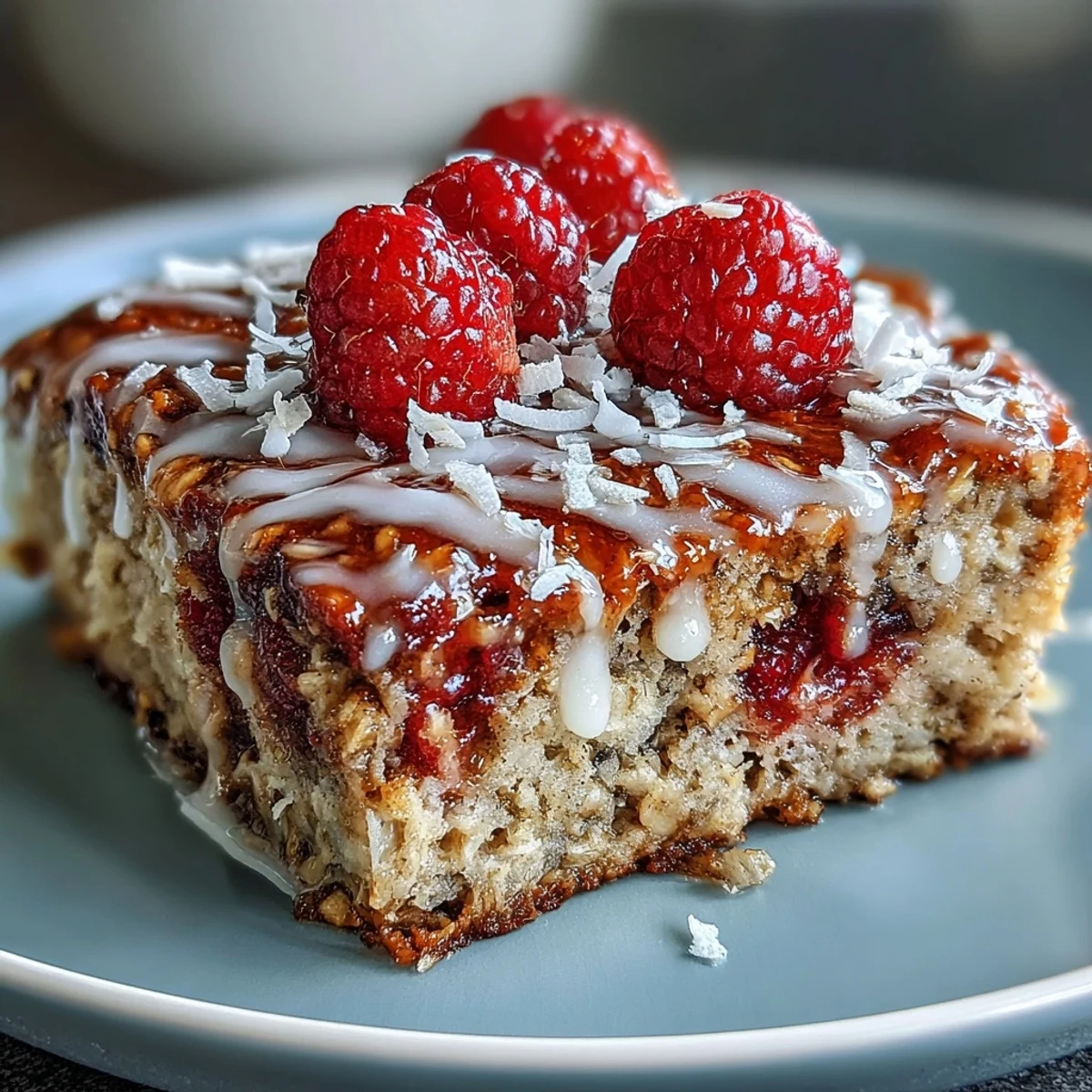 Cozy breakfast spread with Baked Oatmeal with Raspberry and Coconut, perfect for a vegan brunch alongside a steaming mug of coffee.