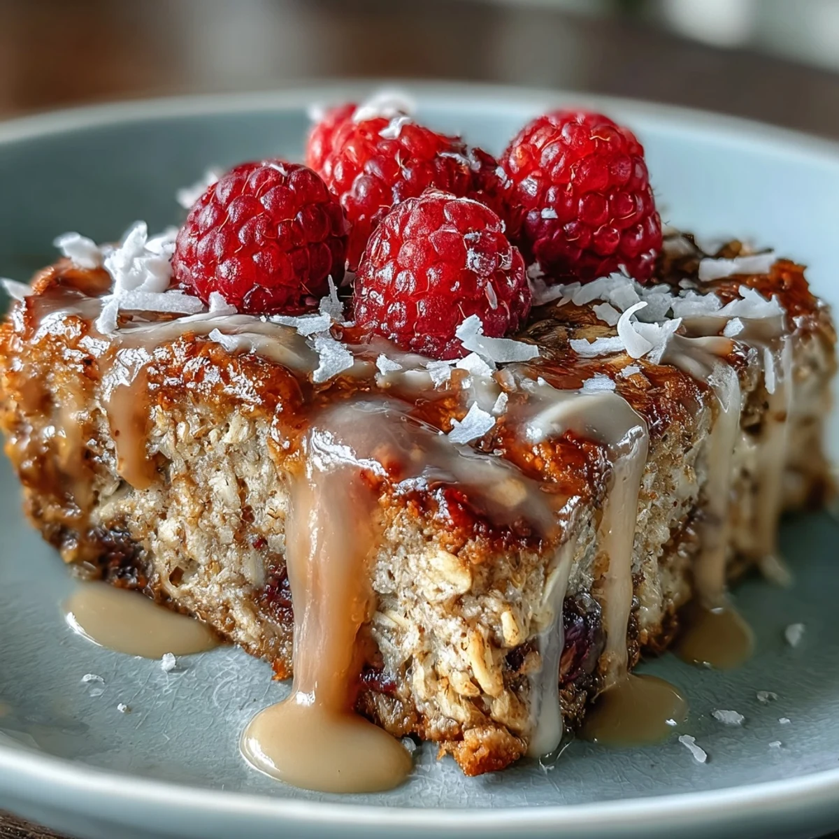 Slice of warm Baked Oatmeal with Raspberry and Coconut served on a plate, showing a soft, chewy texture and sweet berry filling.