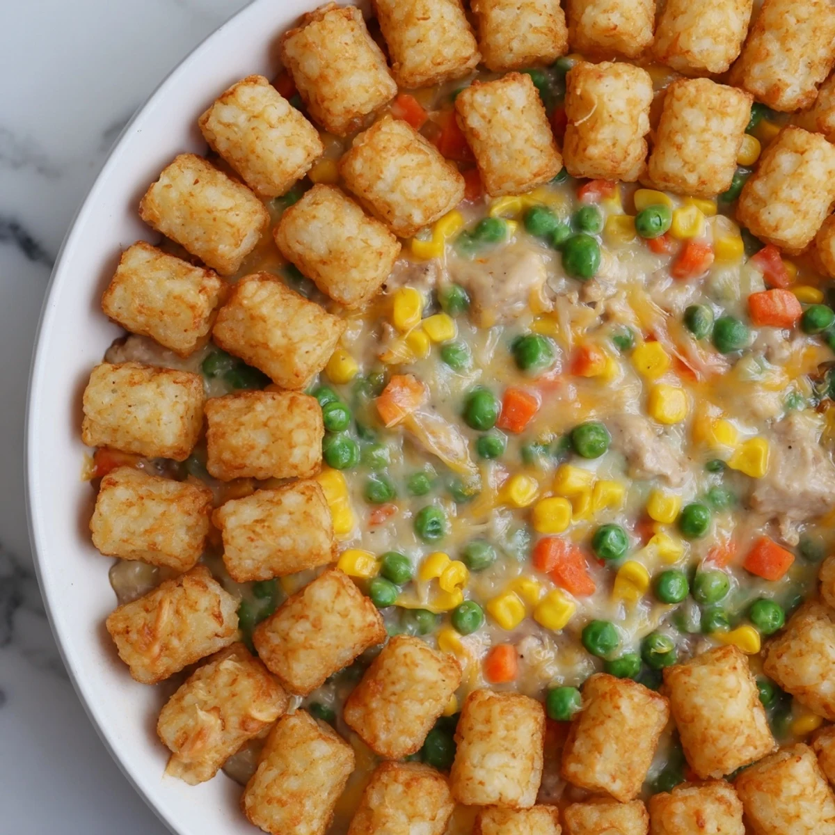 Golden, crispy tater tots topping a bubbling, savory Tater Tot Chicken Pot Pie, ready to serve.