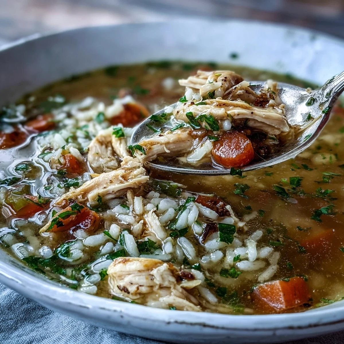 Cozy Winter Chicken and Rice Soup ladled into a white ceramic bowl, garnished with parsley and a lemon wedge.