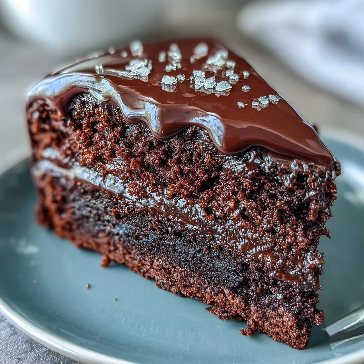 Perfectly sliced wedge of Easy Chocolate Fudge Cake on a dessert plate, revealing a super-squidgy crumb and rich chocolate layers. 