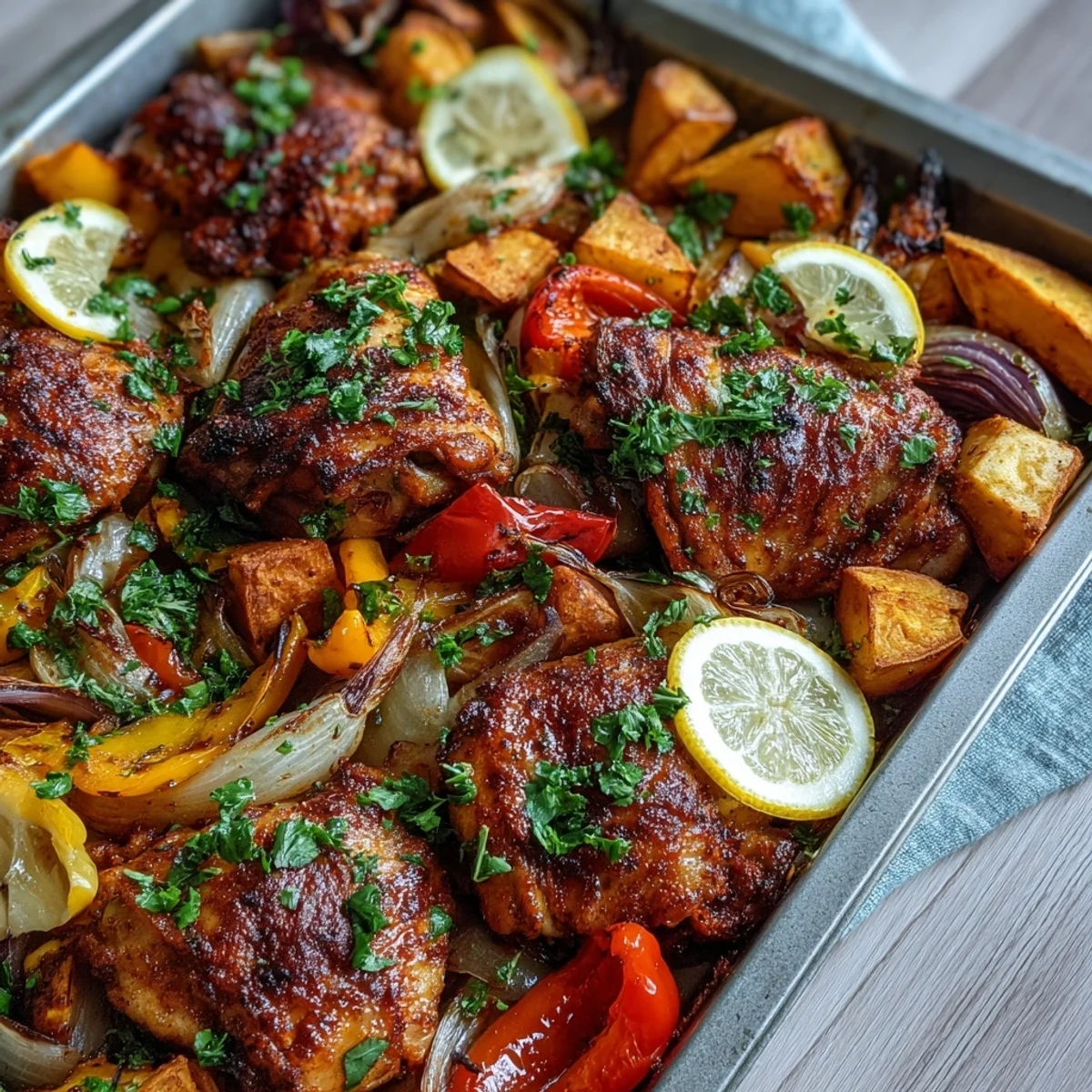 Juicy piri-piri chicken thighs roasted alongside sweet potatoes, red onions, and colorful bell peppers in a vibrant traybake.