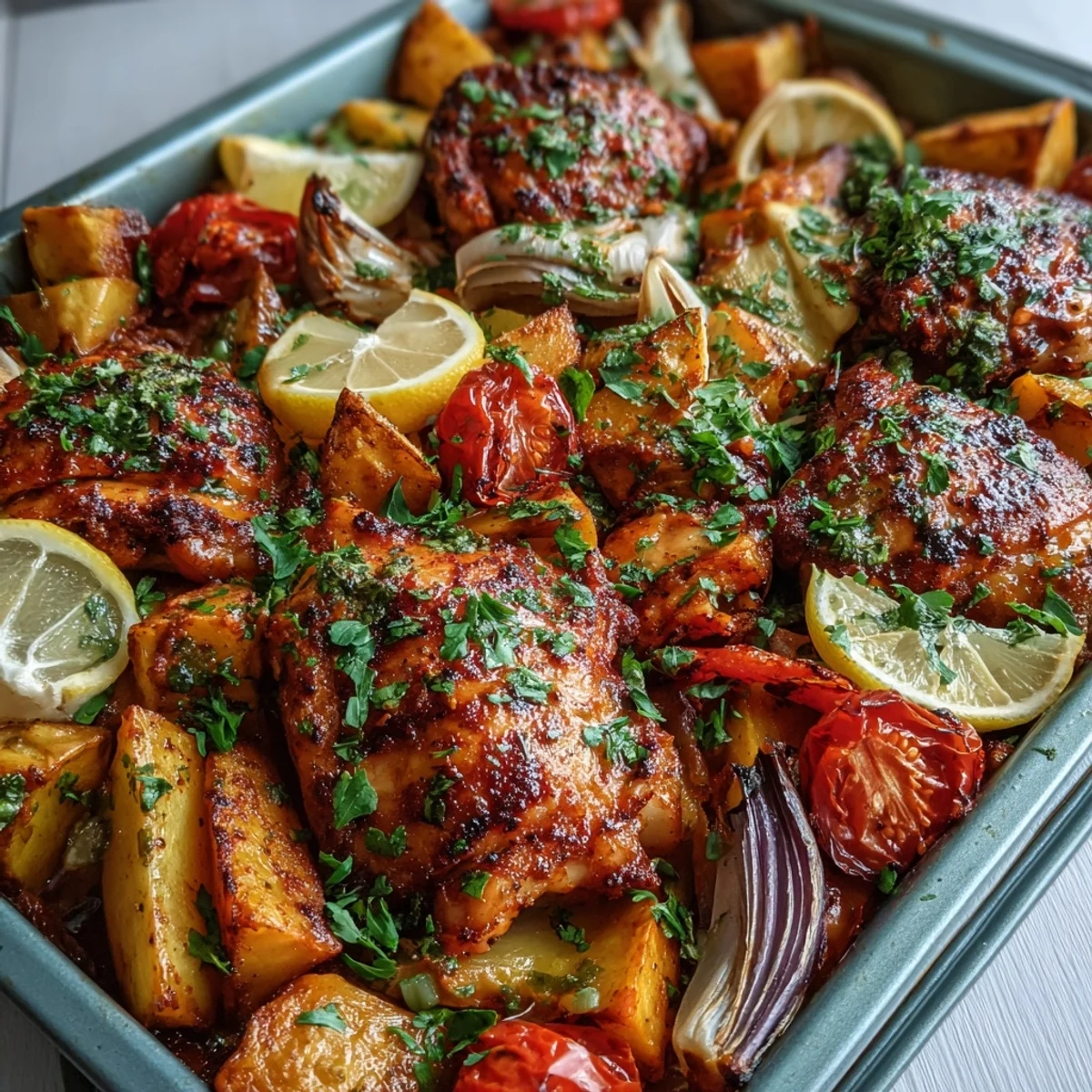 Gluten-free piri-piri chicken thighs nestle among golden sweet potatoes and bell peppers on a serving tray ready for dinner.