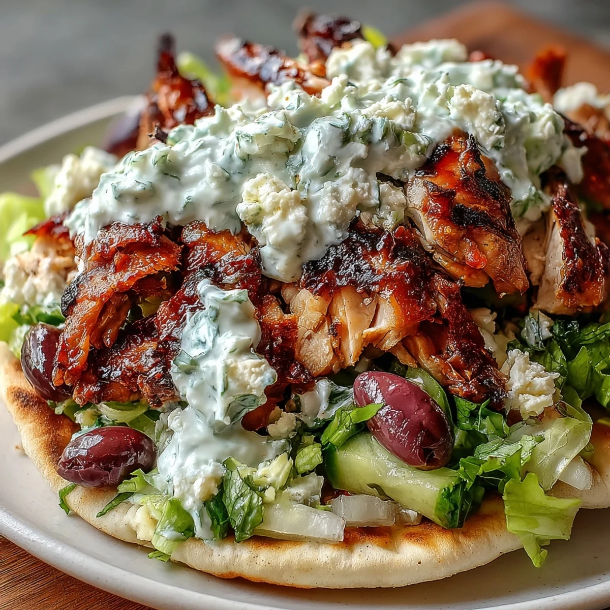 Juicy, charred Mediterranean chicken gyros topped with creamy feta tzatziki, crisp lettuce, tomatoes, olives, and fresh herbs in warm pita bread.  