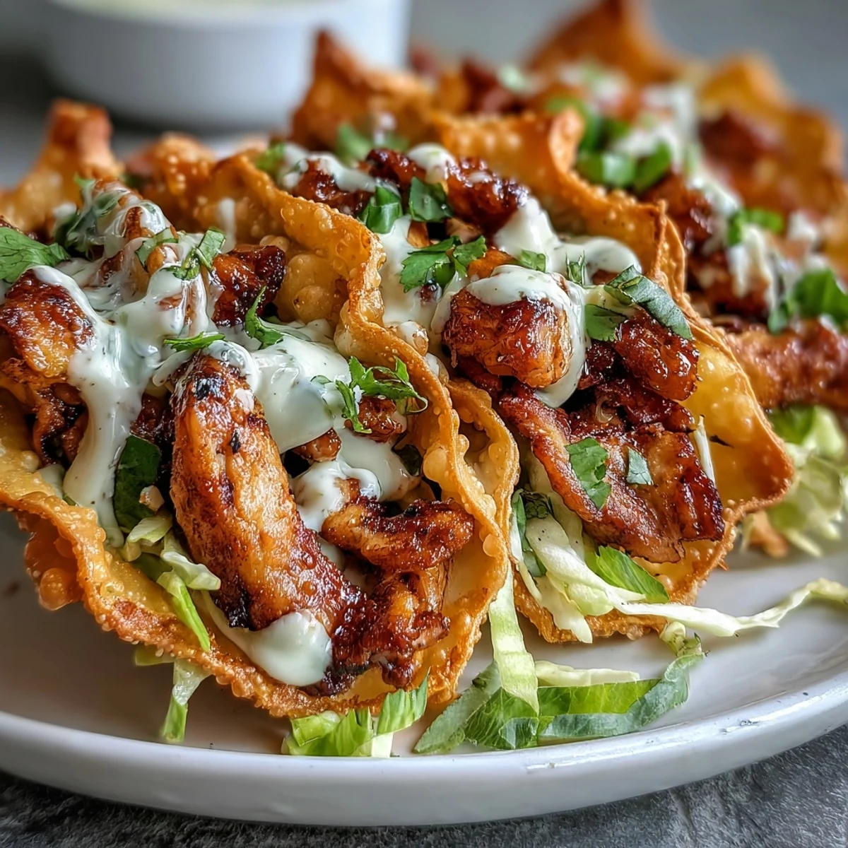 Golden-brown crispy wonton shells filled with ginger-spiced chicken, colorful slaw, and drizzled with creamy sriracha mayo for a flavorful dinner.