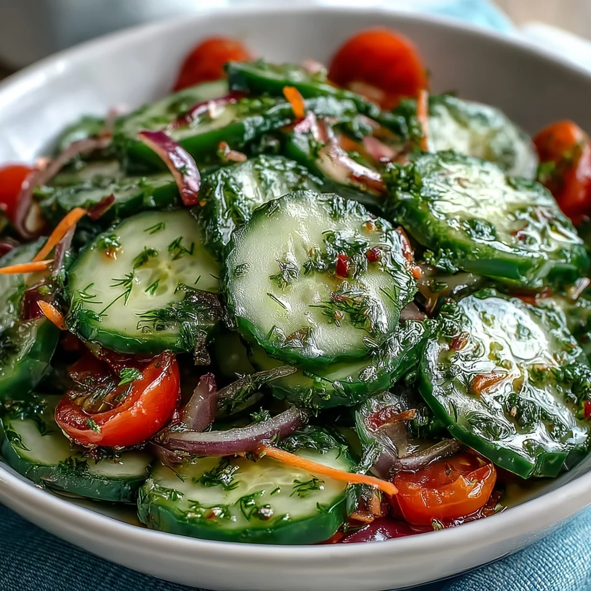 Cool, crisp slices of Refreshing Crunchy Cucumber Salad tossed with red onion and fresh dill in a shiny glass bowl.