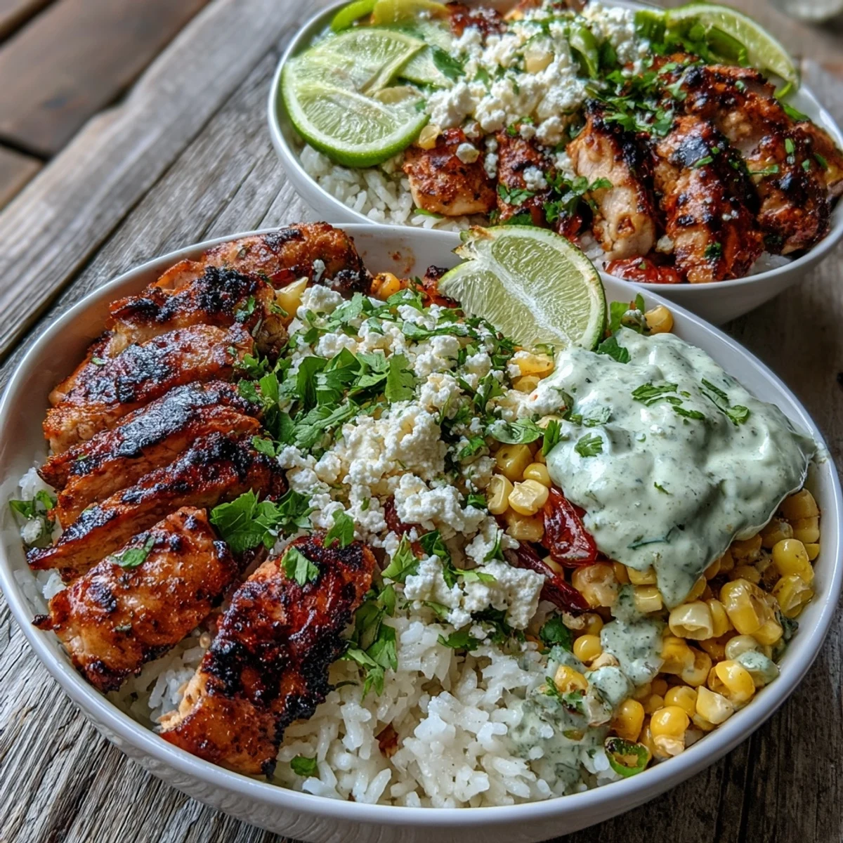 Freshly grilled chicken thighs over fluffy rice topped with charred corn, cotija cheese, and a drizzle of zesty crema in this Street Corn Chicken and Rice Bowls recipe.