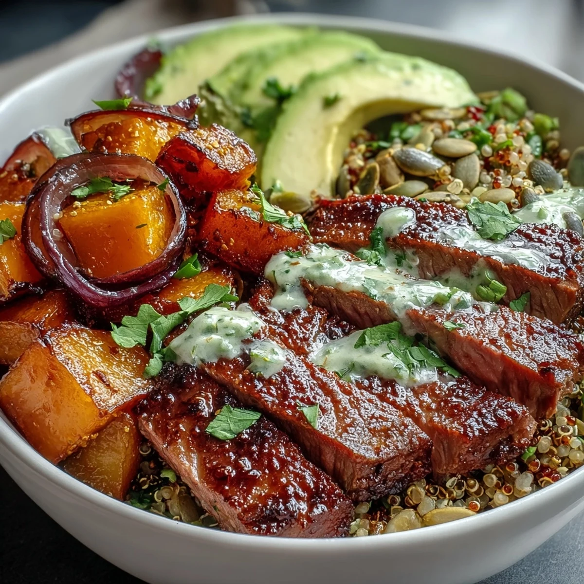Sizzling flank steak and vibrant greens are artfully arranged in Butternut Squash Steak Bowls.