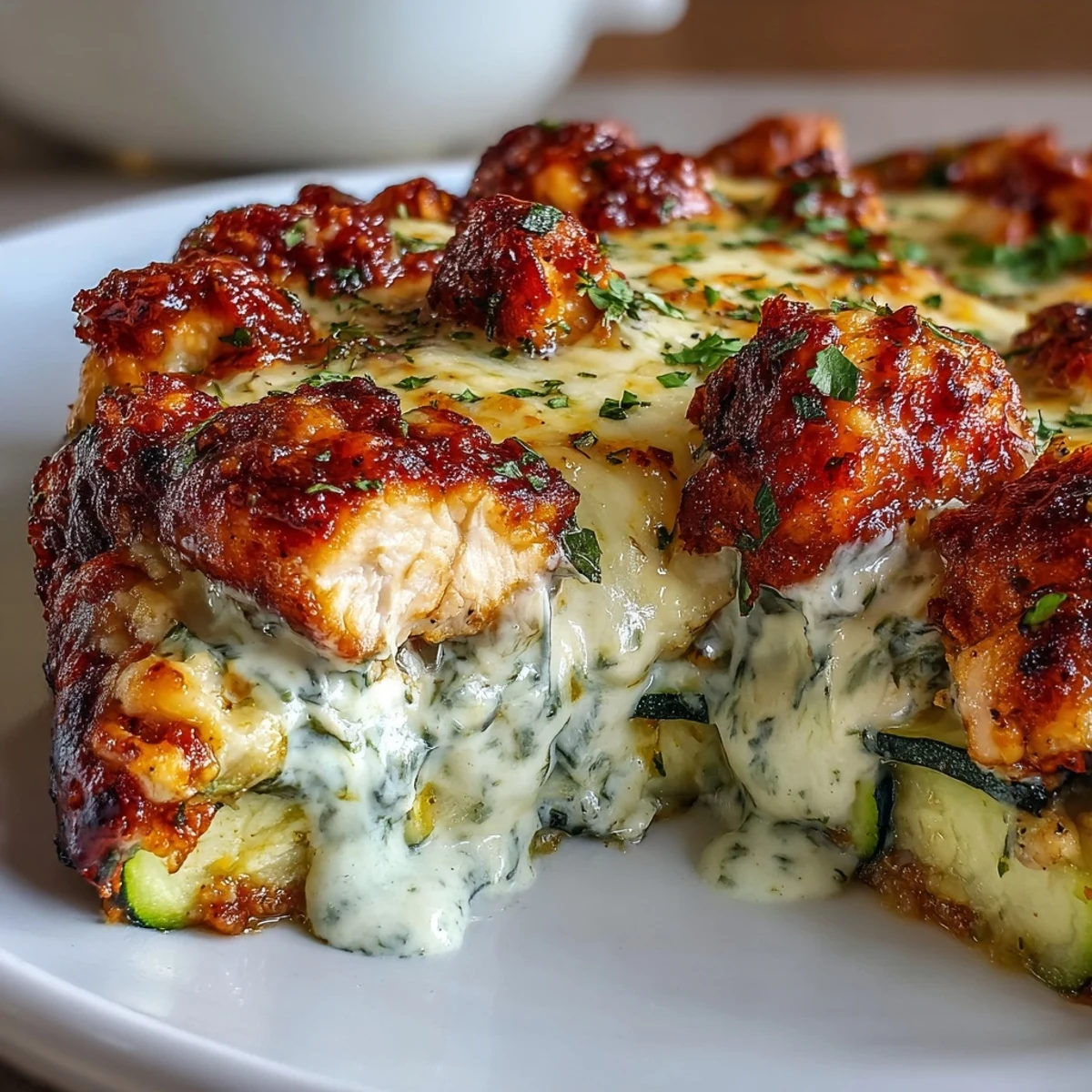 A close-up of the golden-baked High Protein Chicken Zucchini Bake, featuring bubbling mozzarella and Parmesan cheese on top.