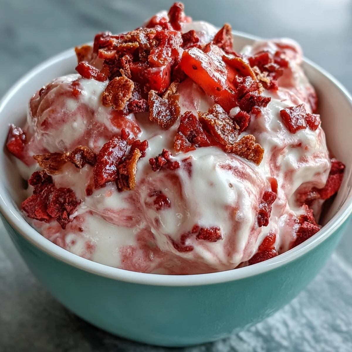 Homemade Strawberry & Banana Yoghurt Clusters in an airtight container, perfect for a healthy frozen snack.