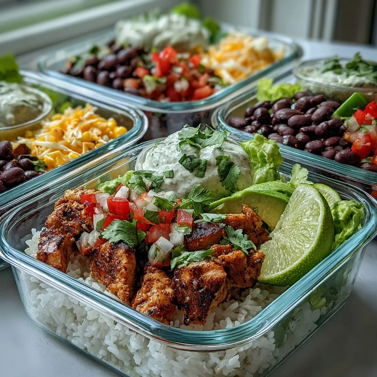 Fluffy rice and hearty black beans form the base of this colorful Meal Prep Burrito Bowl, topped with fresh corn and bell peppers.