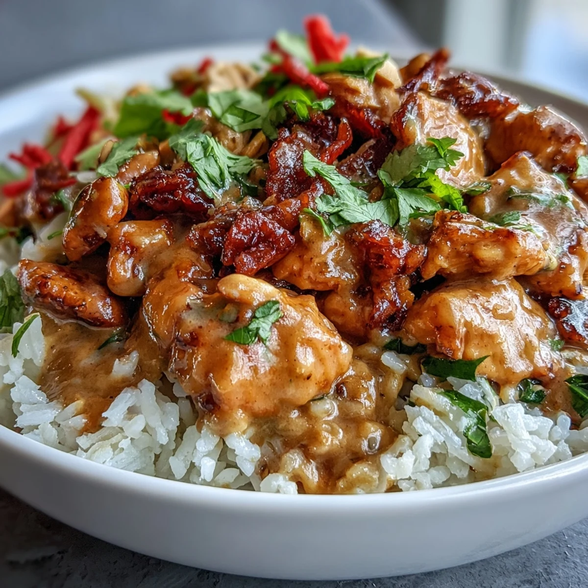 Fragrant coconut rice and sautéed chicken are generously drizzled with creamy peanut sauce in this vibrant bowl.