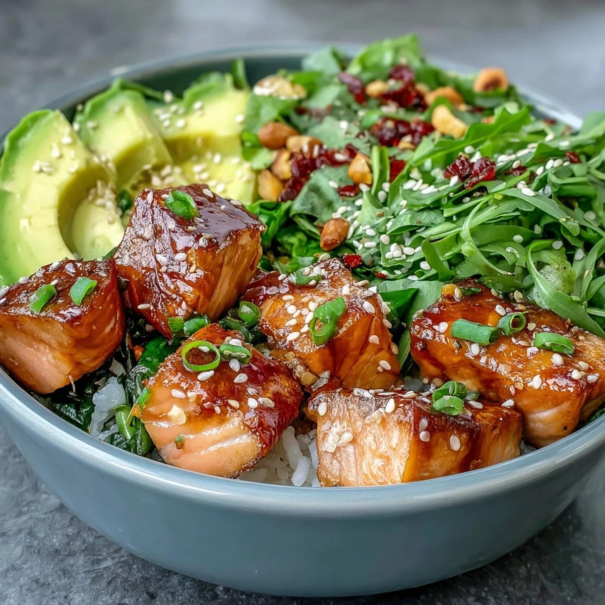Freshly prepared Avocado Salmon Bowl featuring seasoned sushi rice, marinated salmon, cucumber, spring onions, and a zesty wasabi drizzle, ready to serve.