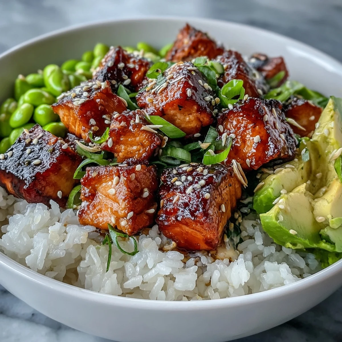 Golden-brown baked salmon cubes sit on fluffy jasmine rice, topped with edamame, sliced cucumber, and creamy avocado.