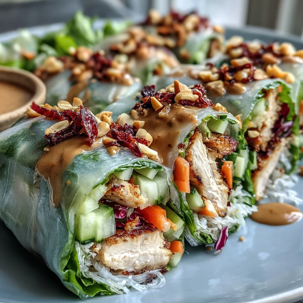 A close-up shows fresh herbs, julienned veggies, and tofu on a Rice Paper Roll Bowl ready to serve.