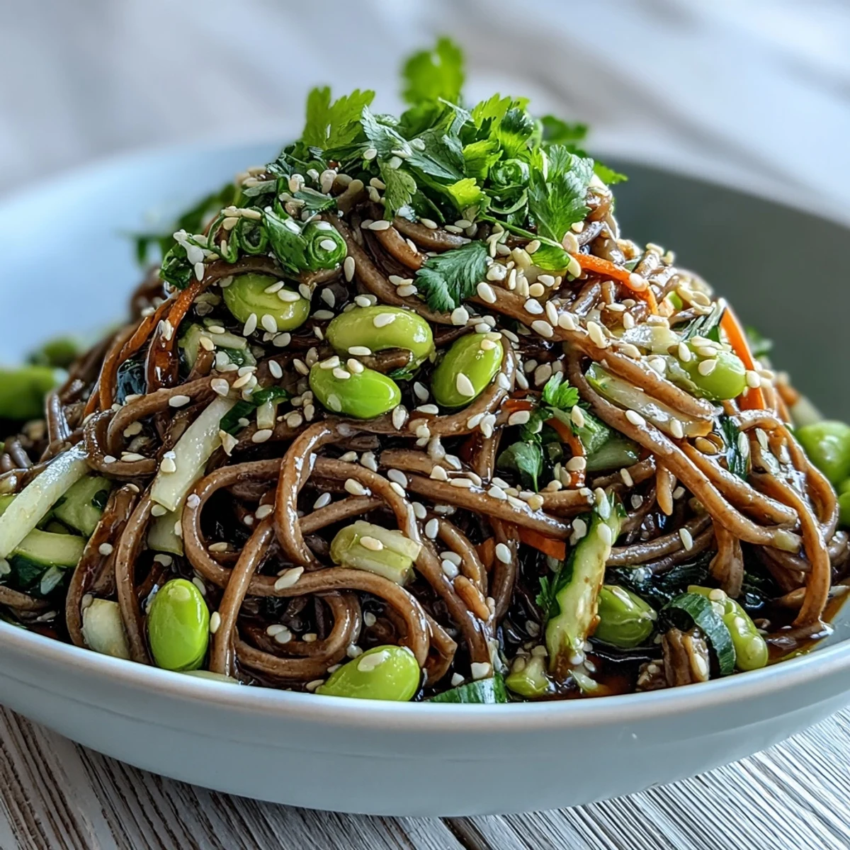 Ready-to-eat Soba Noodle Bowl served in a ceramic dish, featuring colorful vegetables and a drizzle of savory sesame dressing.