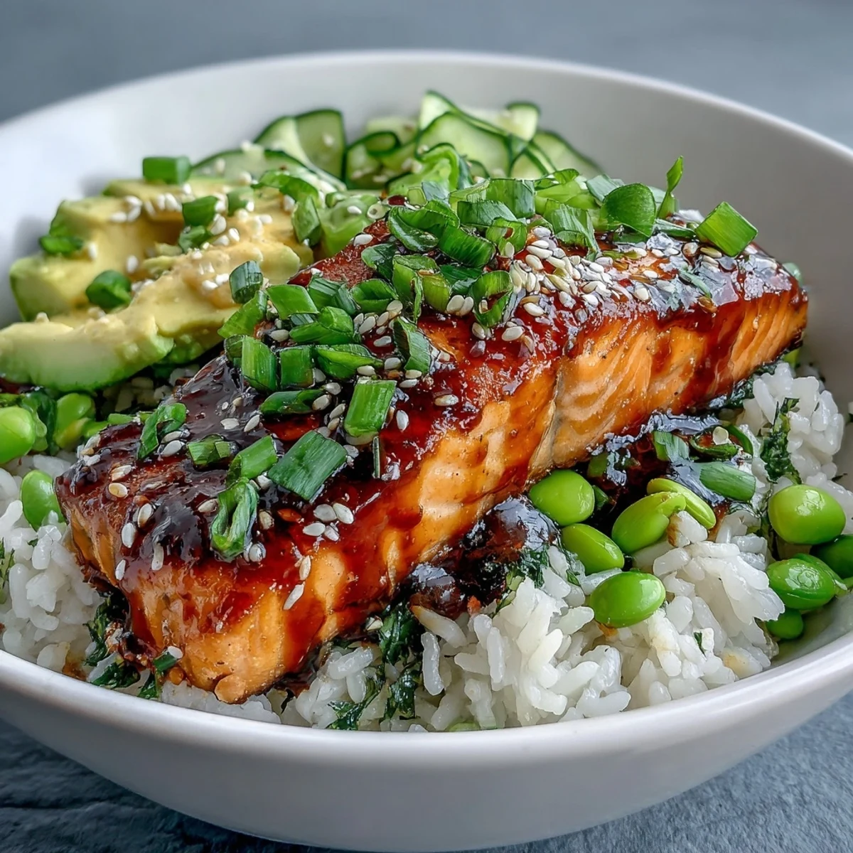 Pan-fried Honey Sriracha Salmon Bowl with glazed fillet over jasmine rice, topped with cucumber and avocado.