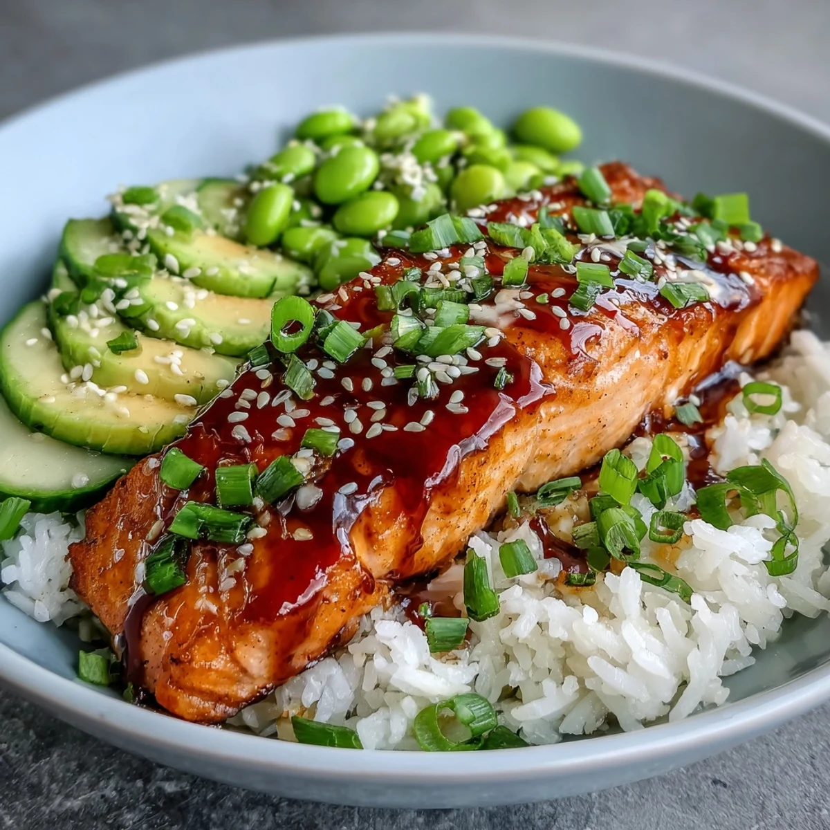 Sweet and spicy Honey Sriracha Salmon Bowl with tender fish, crisp veggies, and creamy sriracha mayo drizzle.