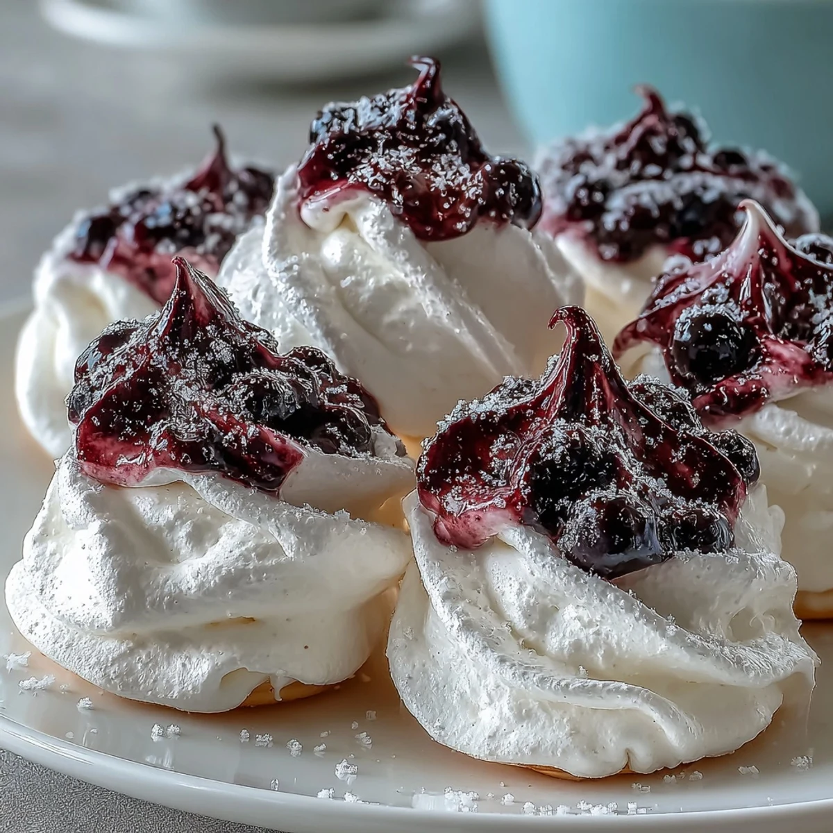Frosted Black Currant Meringues stacked high on a white plate with fresh berries.