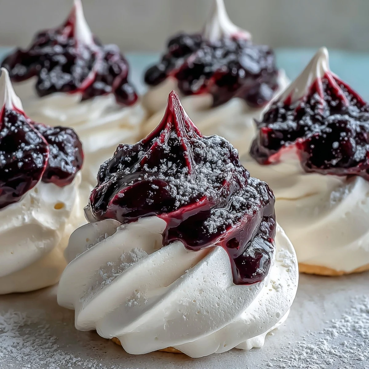 Delicate Black Currant Meringues on a baking sheet with a small bowl of blackcurrant powder.