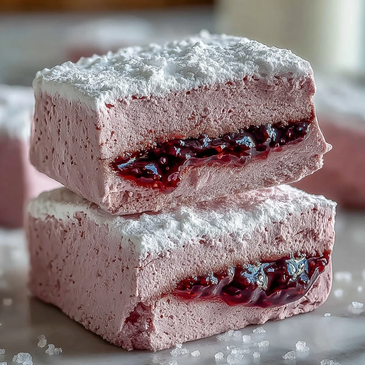 A square pan of freshly cut Black Currant Marshmallows, lightly dusted with powdered sugar, ready to be served.