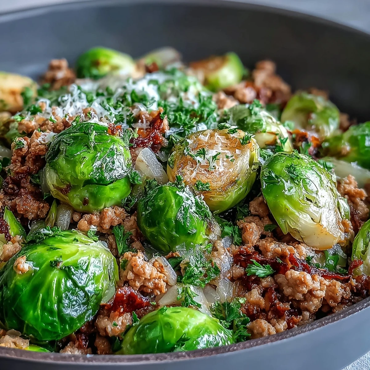A close-up of the Brussels Sprouts & Ground Turkey Skillet shows crispy sprouts and juicy turkey, ready to serve.