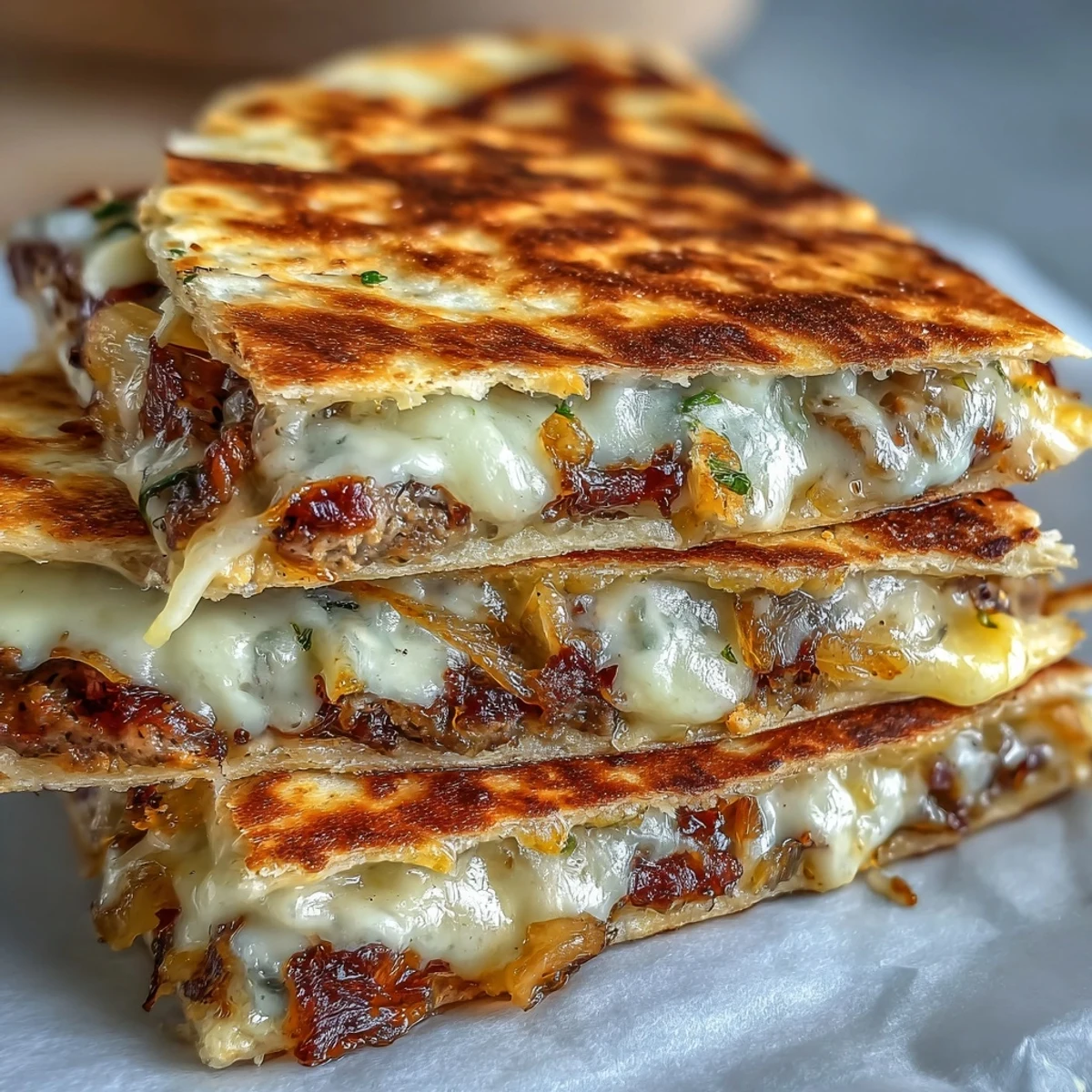 Sizzling griddled Cheesy Griddled Smashburger Quesadillas topped with sweet onions and a drizzle of mayo-mustard sauce.