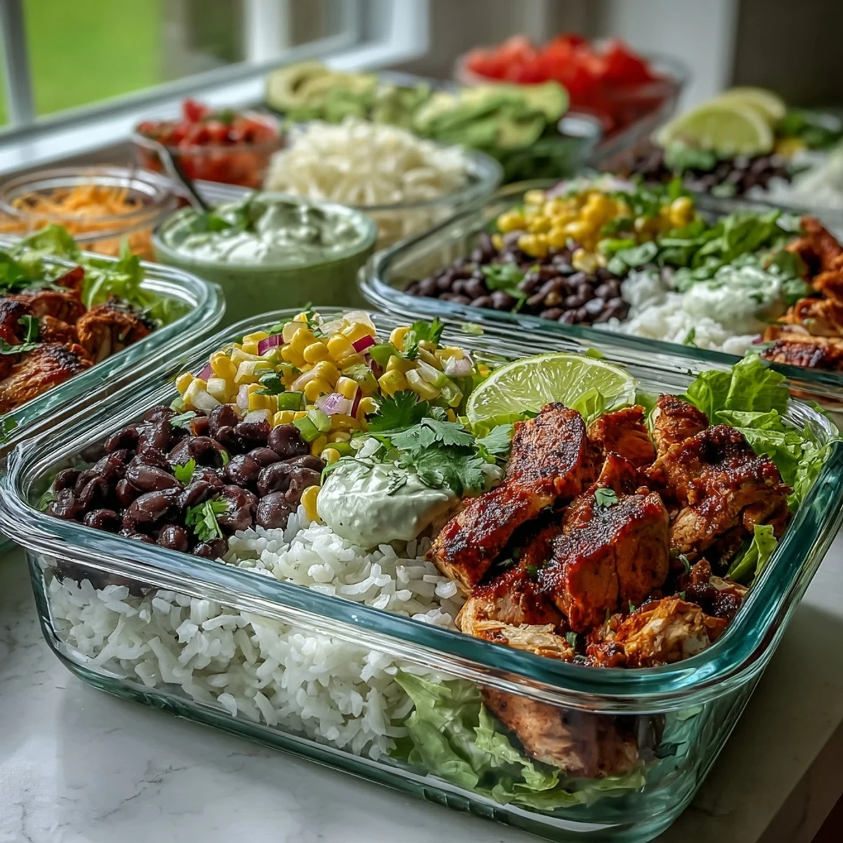 Crisp lettuce, seasoned chicken, and shredded cheese sit beside creamy avocado and pico de gallo in this easy meal prep bowl.