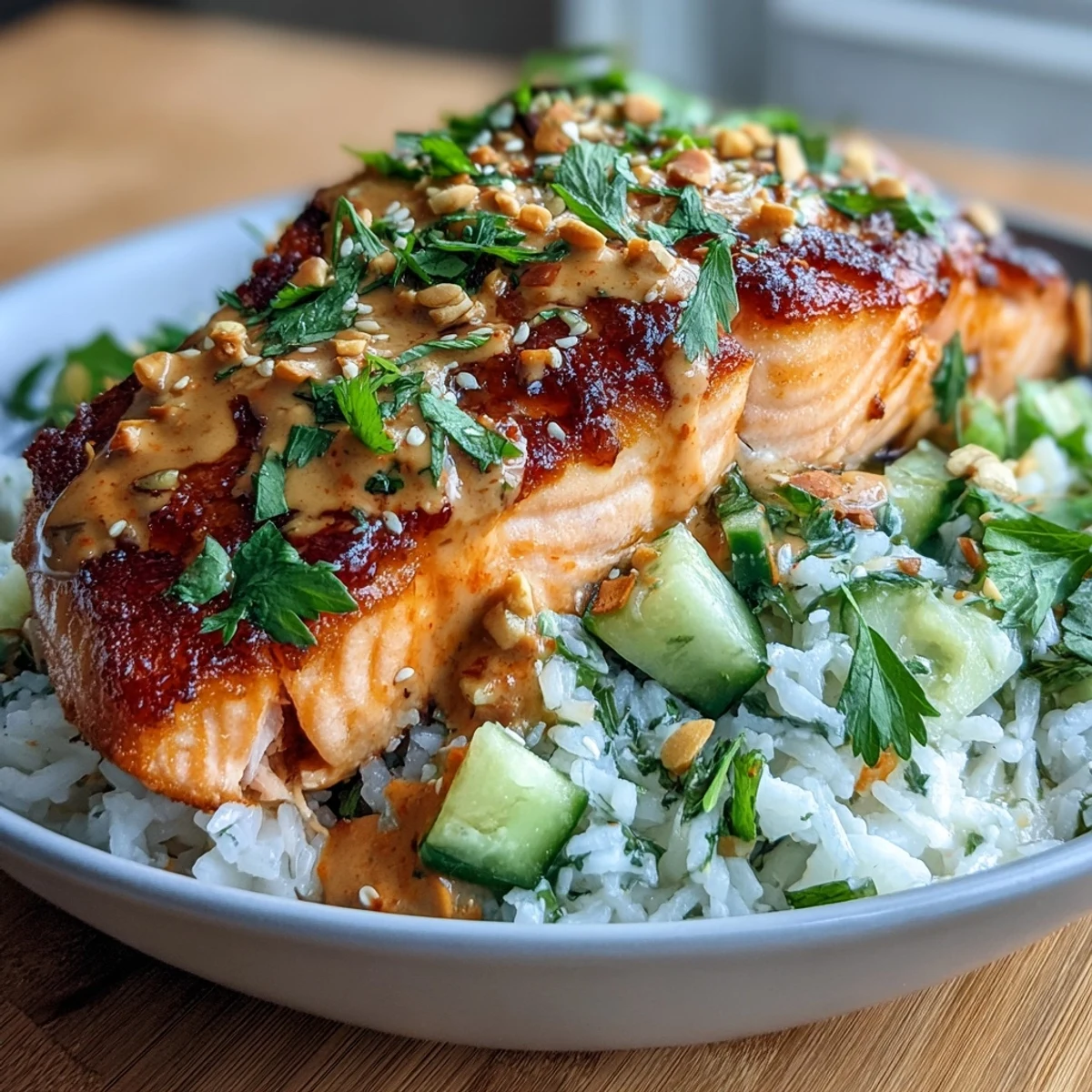 In a bright bowl, the Bang Bang Salmon Bowl features tender fish, crisp veggies, and creamy sauce.