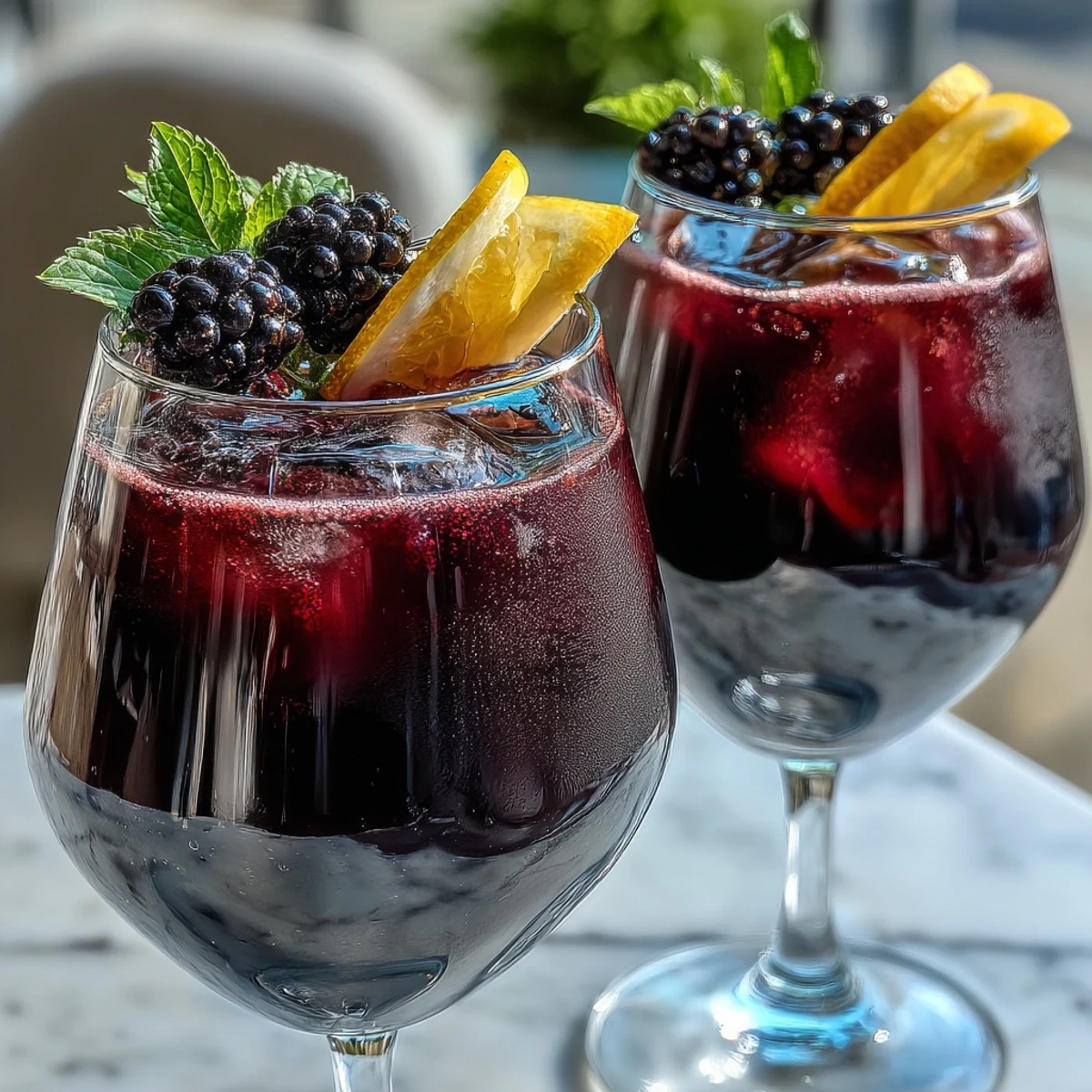 Two chilled wine glasses filled with the vibrant Black Currant and Cassis Cocktail, garnished with fresh blackcurrants and a lemon twist beside a bottle of crème de cassis.