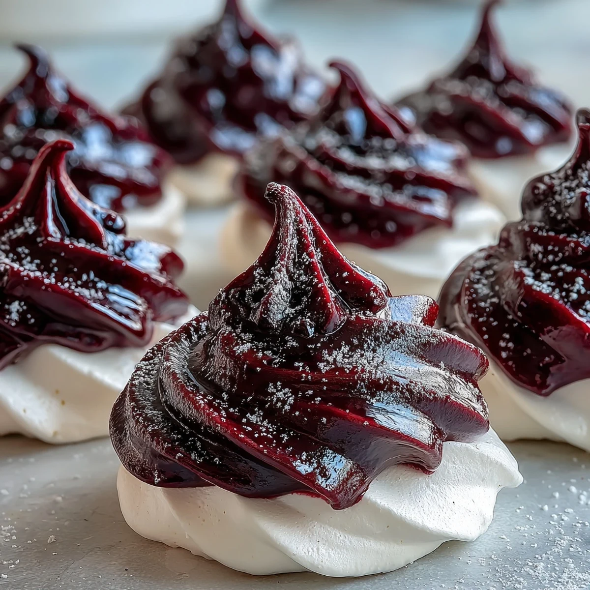 Close-up of a Black Currant Meringue showing vibrant purple swirls on a white marble surface.