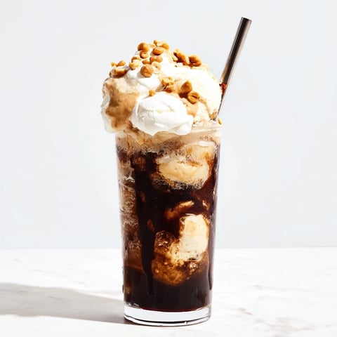 Creamy Peanut Butter Bourbon Soda Float topped with whipped cream and chocolate drizzle.  