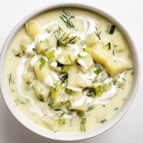 Creamy dill pickle soup, a comforting bowl of warm soup with chunks of potatoes and pickles.