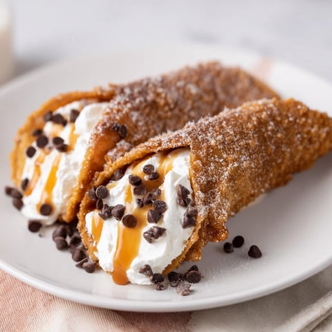 Crispy cinnamon-sugar Quick Churro Cheesecake Cones, filled with creamy cheesecake, drizzled chocolate and berries.