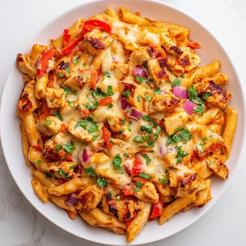 Warm, bubbly Baked Salsa Chicken Pasta, topped with melted cheese, ready to serve with a garnish of cilantro.