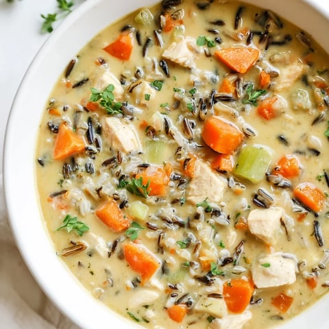 Steaming bowl of Quick Chicken and Wild Rice Soup, garnished with parsley, ready to warm you up.