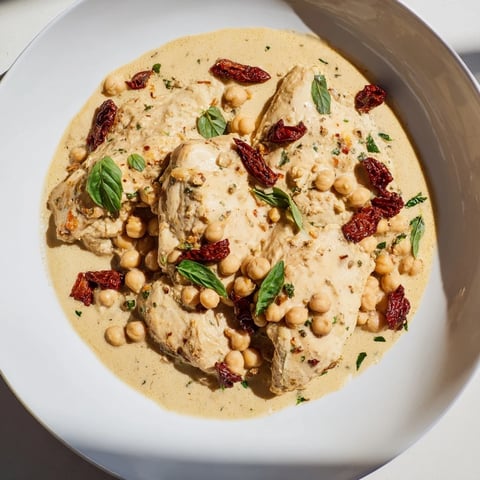 Creamy High-Protein Marry Me Chicken and Chickpeas, served with vibrant, sun-dried tomatoes and herbs.