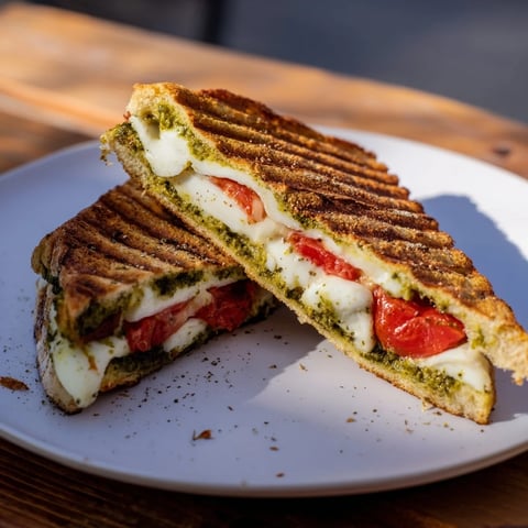 Golden, crusty Caprese Pesto Panini-Style Grilled Cheese, oozing with melted mozzarella and fresh basil pesto.