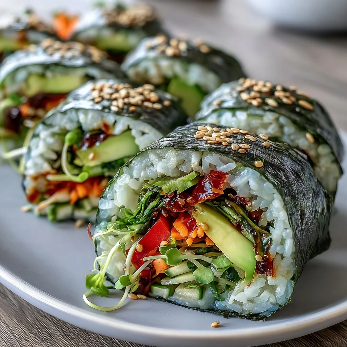 Vibrant Nori Rolls with Vegetables, bursting with crisp cucumber and creamy avocado.