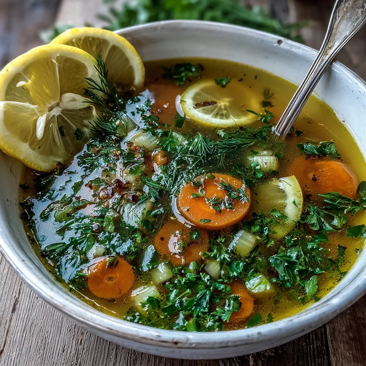Bright yellow Lemon Herb Soup steaming in a white bowl, garnished with fresh parsley and dill sprigs.