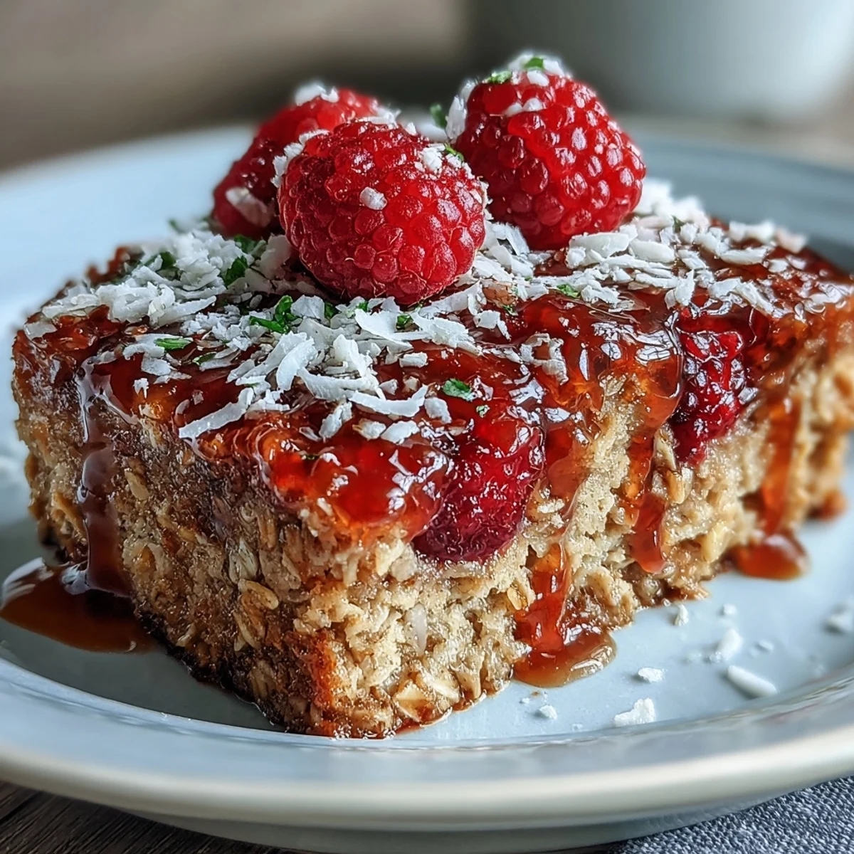 Freshly baked Baked Oatmeal with Raspberry and Coconut cooling on a wire rack, featuring juicy red berries and golden toasted coconut flakes.