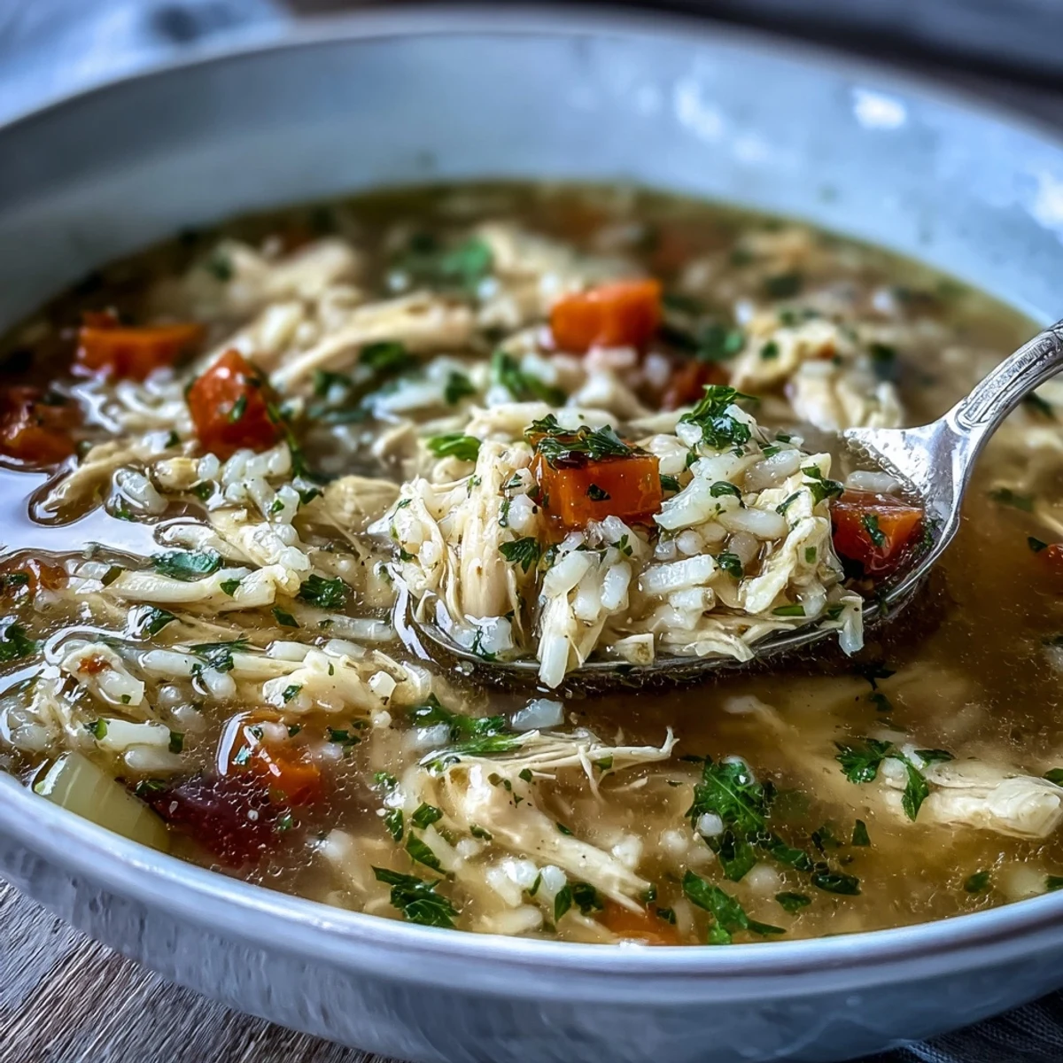 Cozy Winter Chicken and Rice Soup steaming in a rustic bowl with tender shredded chicken, fluffy rice, and chopped parsley.