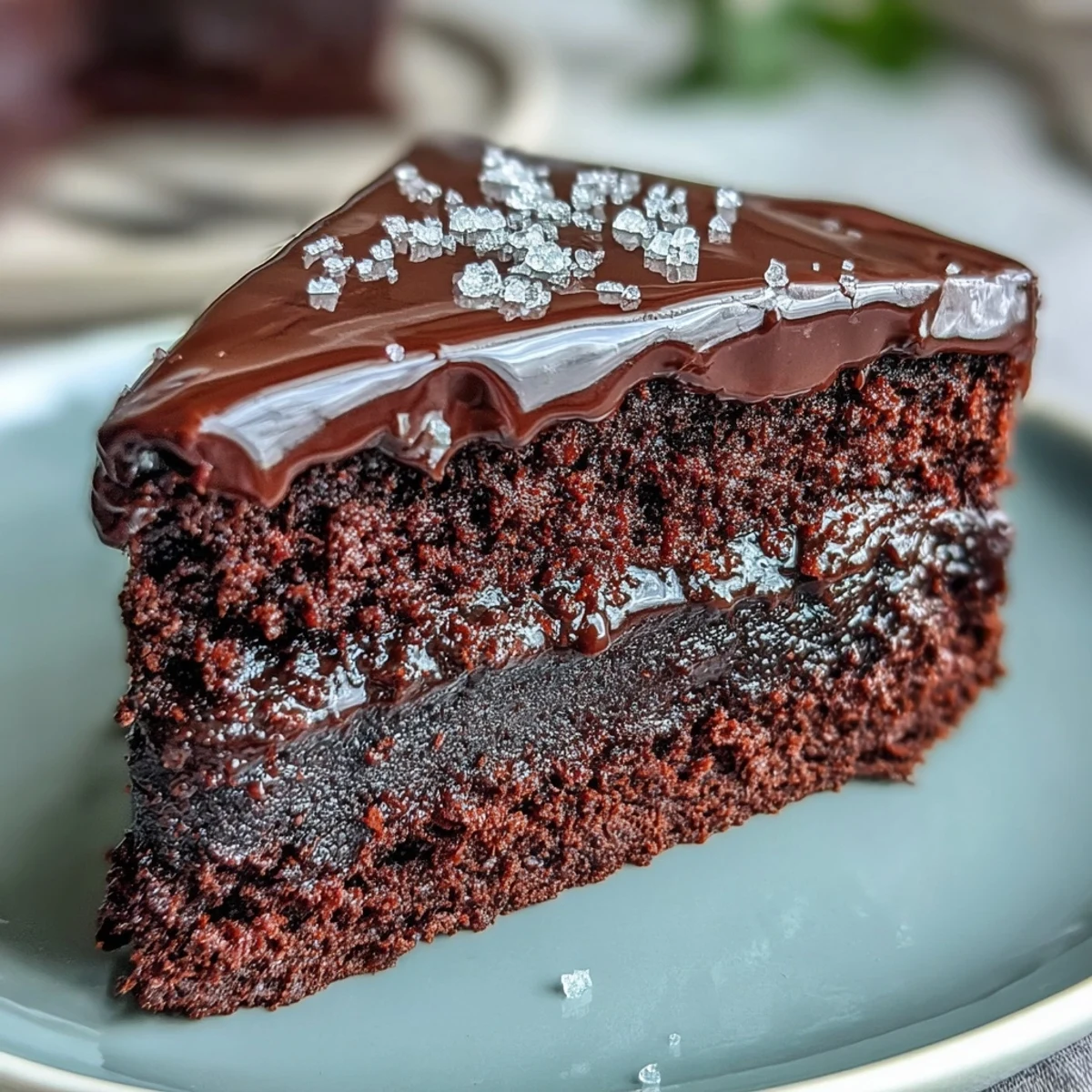 Freshly baked Easy Chocolate Fudge Cake layers frosted with silky-smooth chocolate icing, served on a white plate with fresh raspberries. 